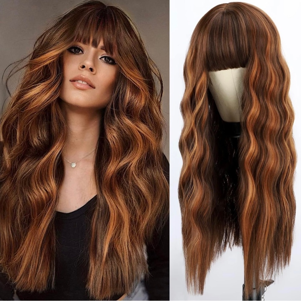 Human hair blend chocolate brown with red wig with bang.